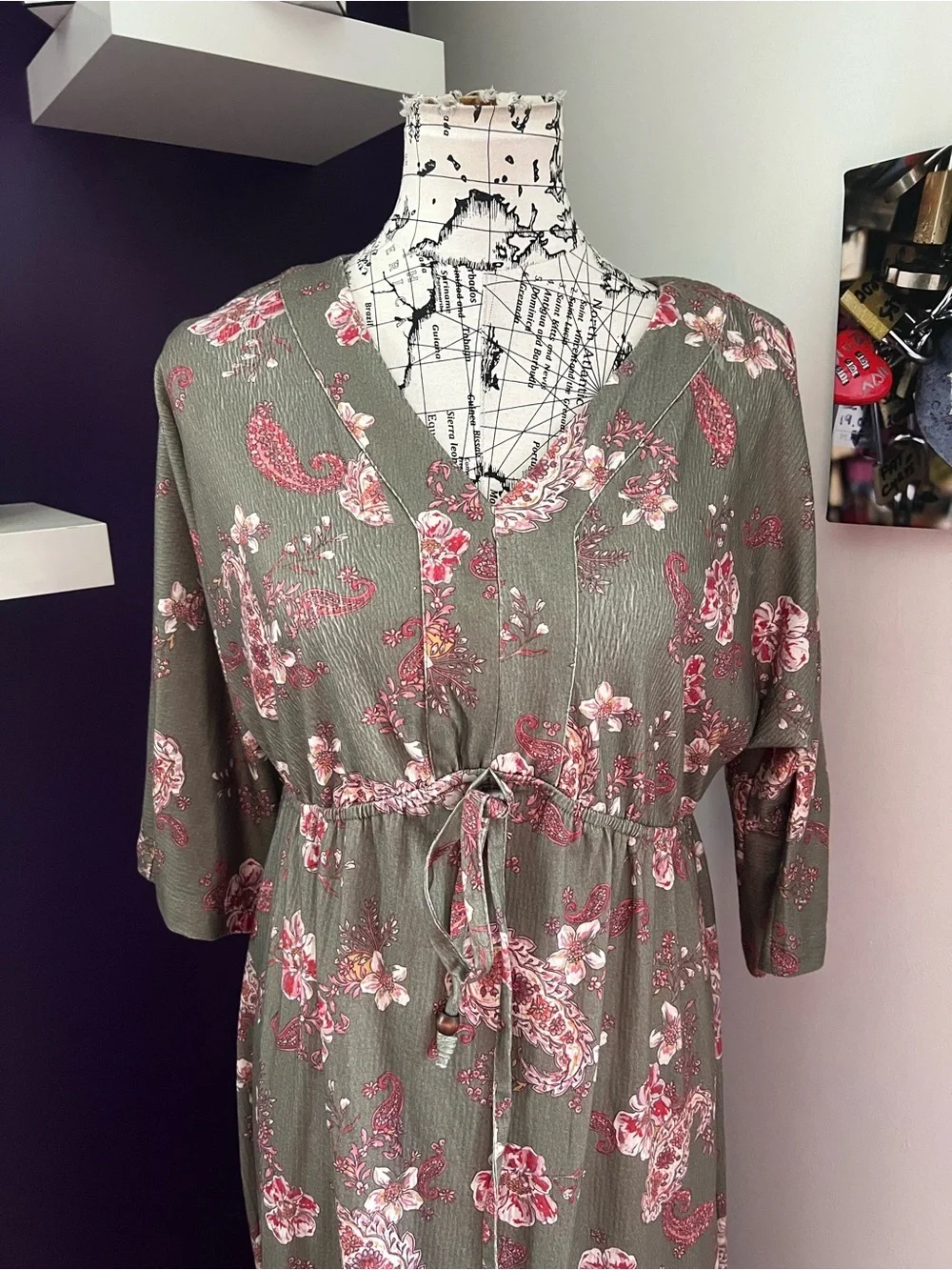 7 for $30 ONE WORLD Olive Maxi Dress with Pink Floral Print